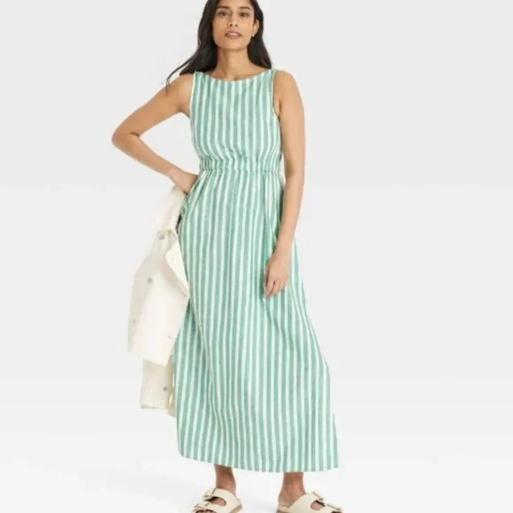 Universal Thread Women's Maxi A-Line Dress Green Striped XL - Picture 3 of 3